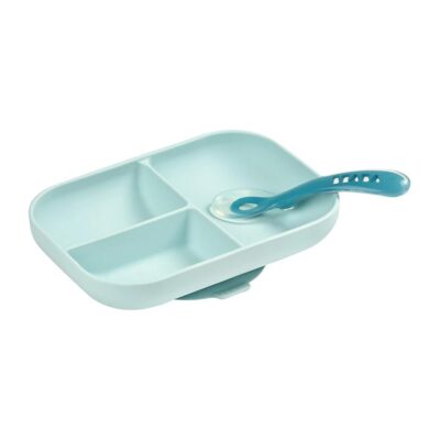 Divided Silicone Plate and Spoon Set - Blue