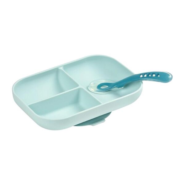 Divided Silicone Plate and Spoon Set - Blue