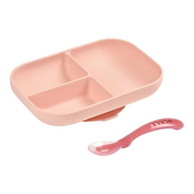 Divided Silicone Plate and Spoon Set - Pink