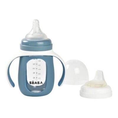 2-in-1 Glass Learning Cup with Silicone Protective Sleeve 210ml - Windy Blue