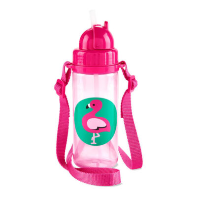 Zoo Straw Bottle with Shoulder Strap - Flamingo