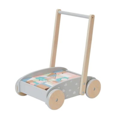 Wooden Baby Push Cart & Walker with 46 Building Blocks