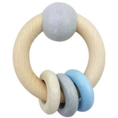 Round Rattle With Ball and 3 Rings - Natural Blue