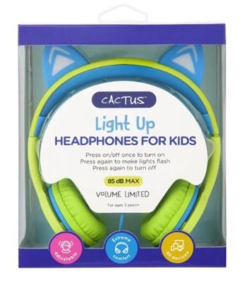Cactus Comfort Kids Headphones Cat Ear Light up Lime/Blue