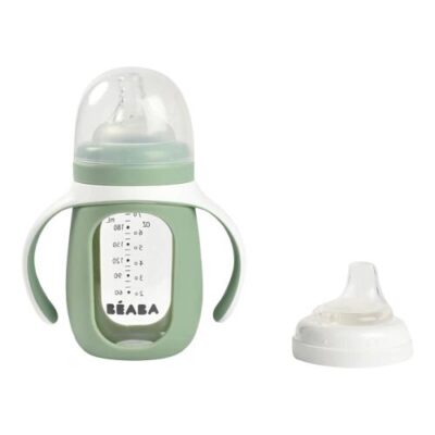 Beaba 2-in-1 Glass Learning Cup with Silicone Protective Sleeve 210ml - Sage Green