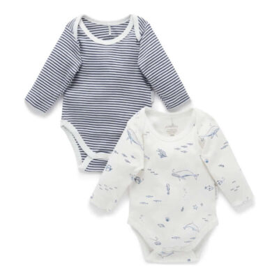 Purebaby Easy Neck L/S Bodysuit 2 Pack - Vanilla Nautical Pack (0000)