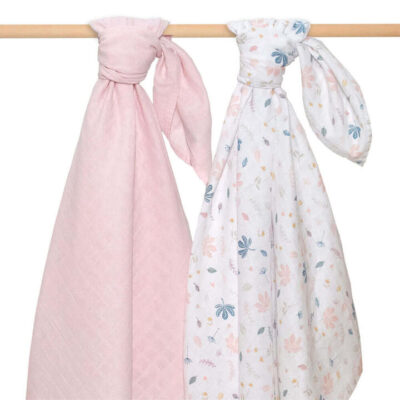 Living Textiles Organic Muslin Swaddle Wraps 2 Pack - Botanical/Blush